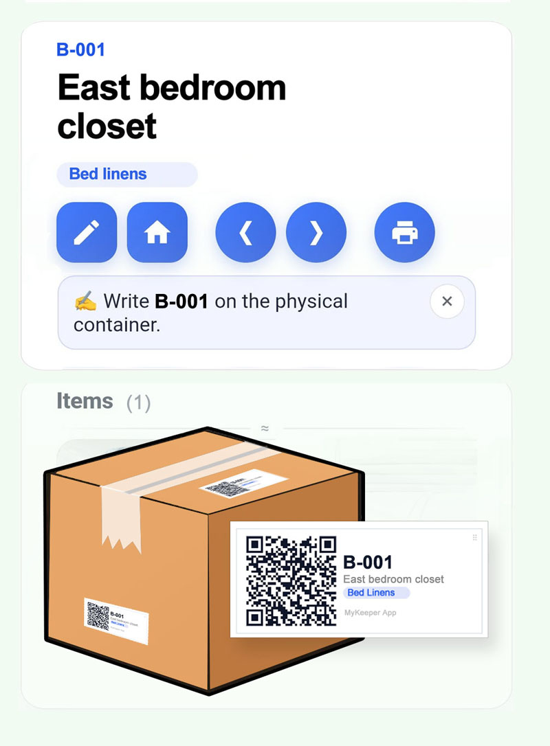 Write the box number on the container or print a QR label so you can find it later.